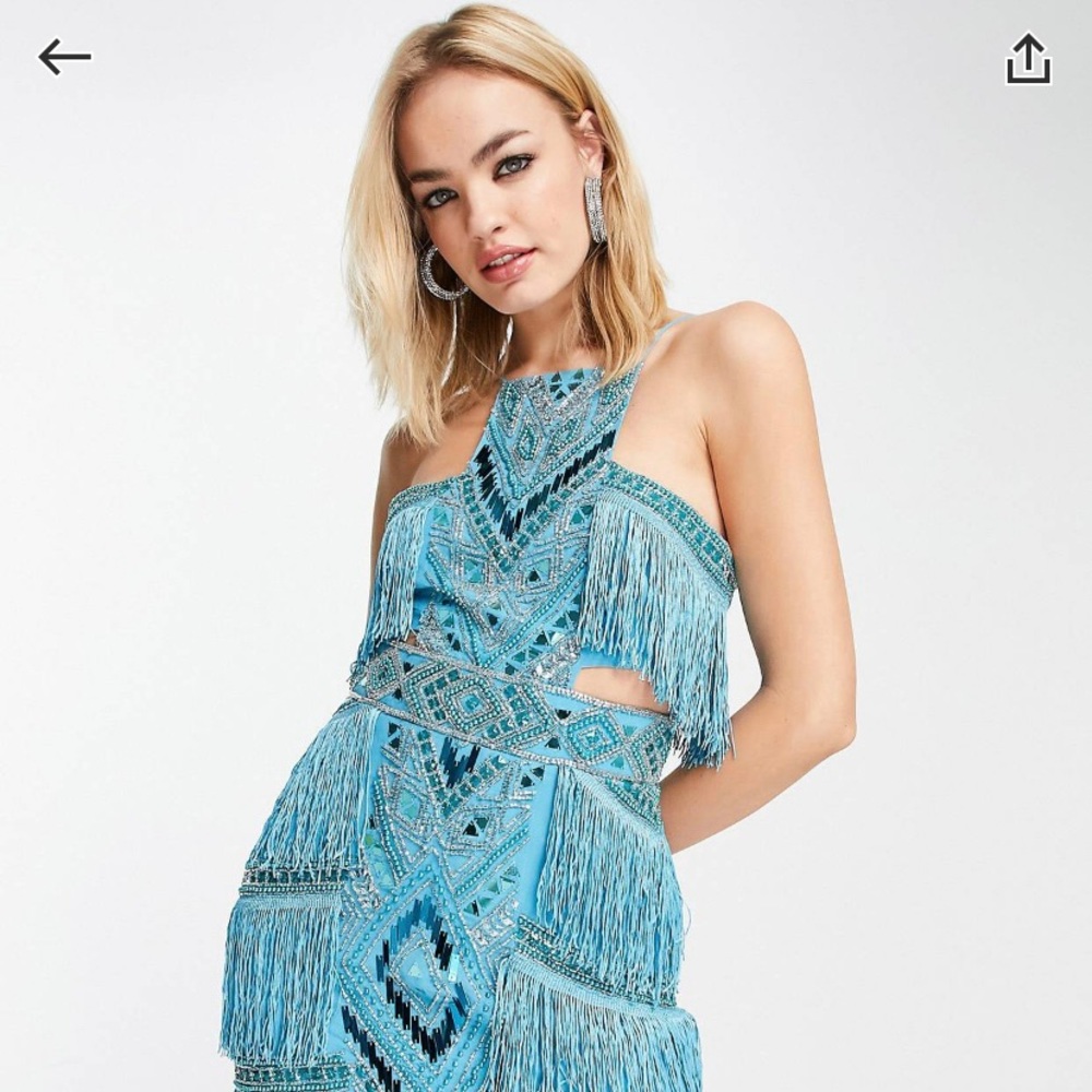 ASOS Design Blue Green Fringe Beaded Sequin Mini Cocktail Party Dress Size 8